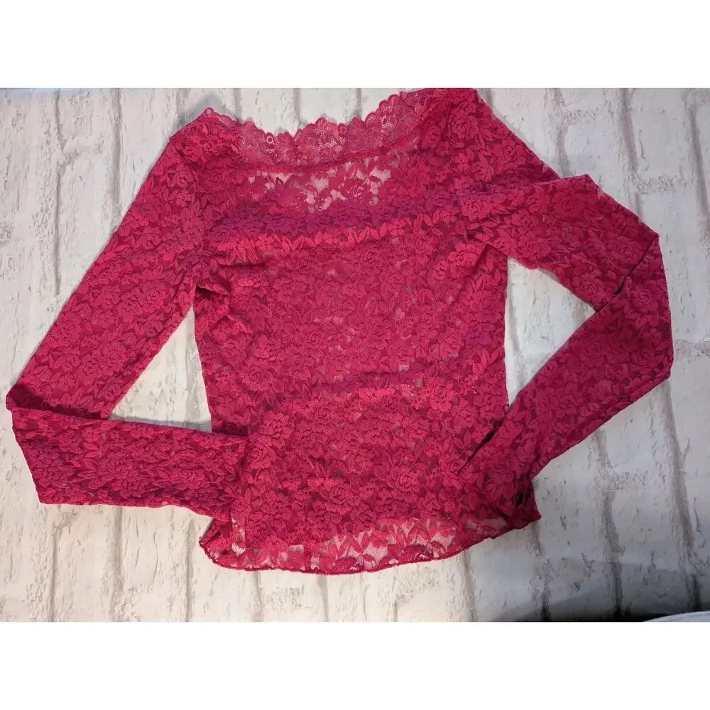 NWT Free People Intimately Lace Long Sleeve Top Size L Magenta Pink Scoop Neck